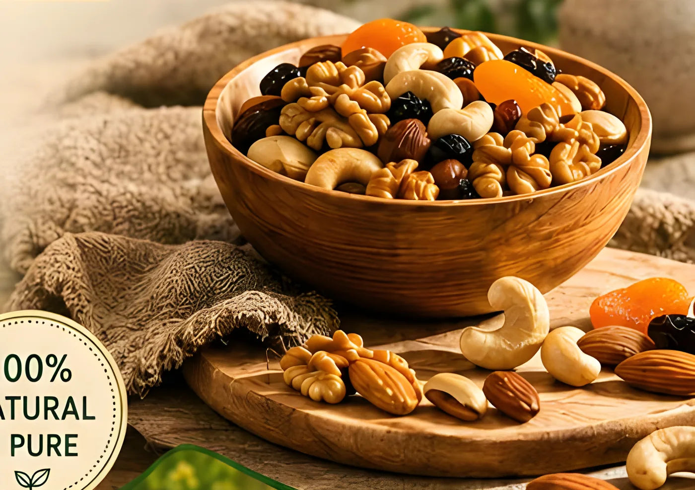 A wooden bowl of mixed dry fruits on a burlap cloth
