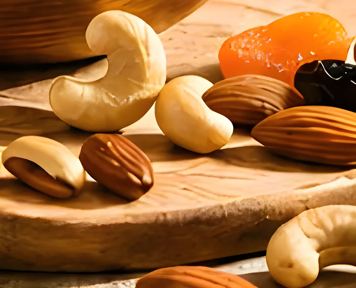 Almonds and cashews on wood